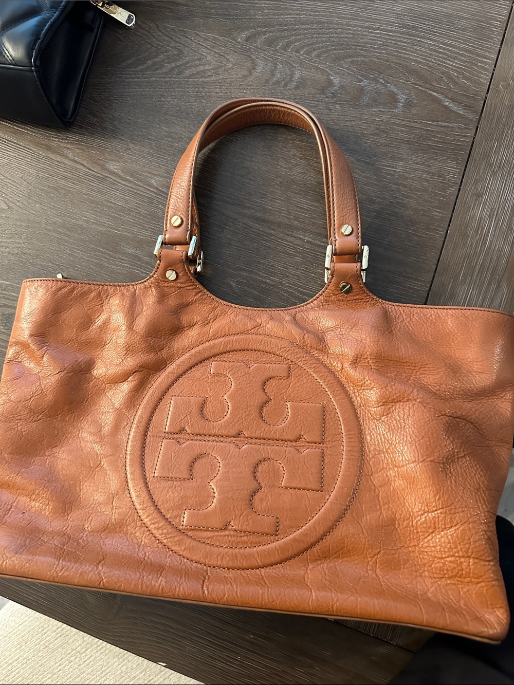 Tory Burch Cognac Leather Logo Tote